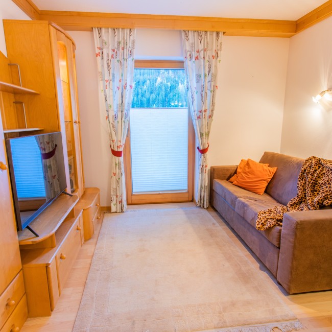 Wohnküche mit ausziehbarer Couch und TV